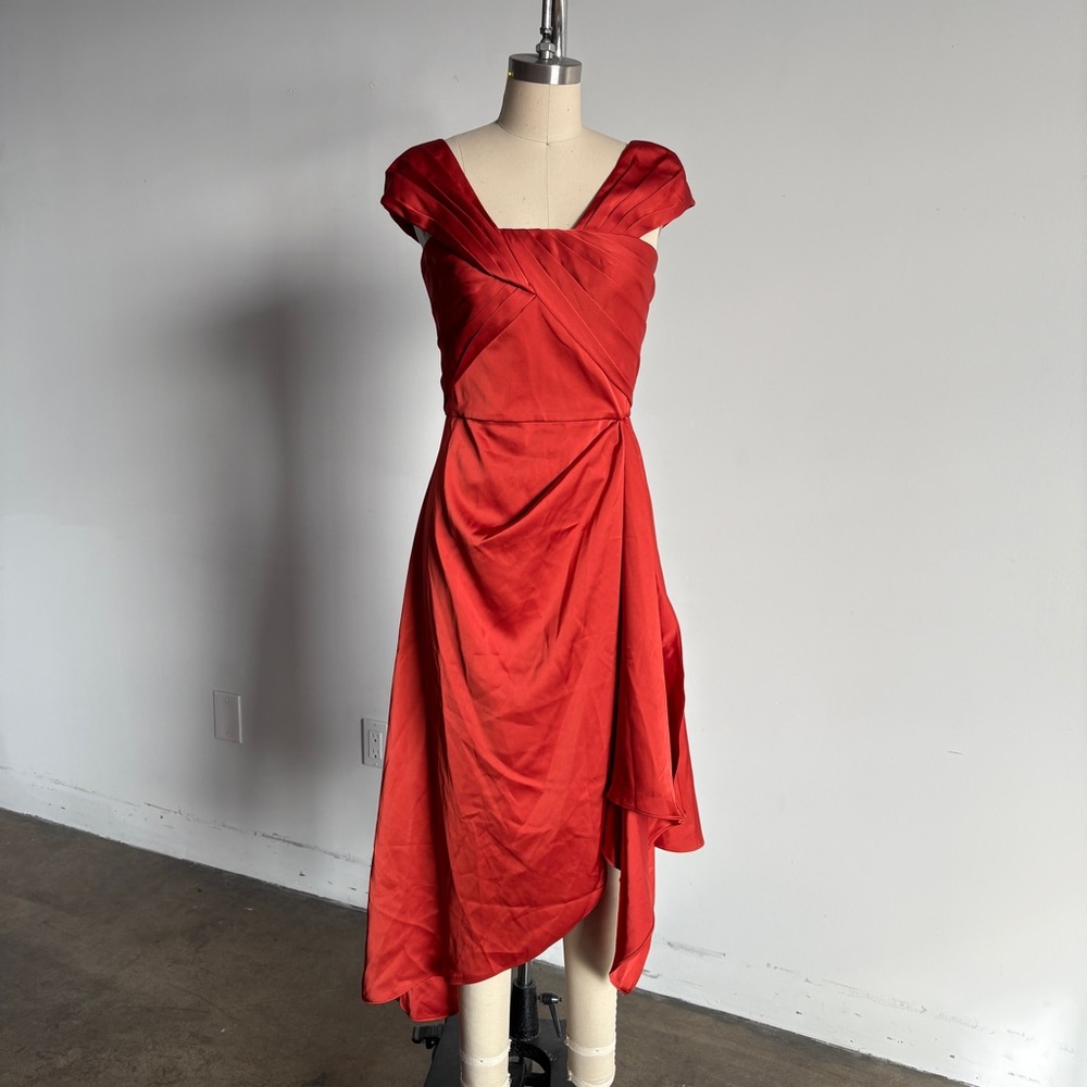 NWOT Theia Draped Asymmetrical Dress with Pleating in Red Orange Sz 4